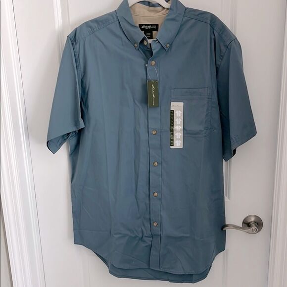 Eddie Bauer Steel Blue Short Sleeve Button Down Front Pocket Moisture Wicking - Picture 1 of 8